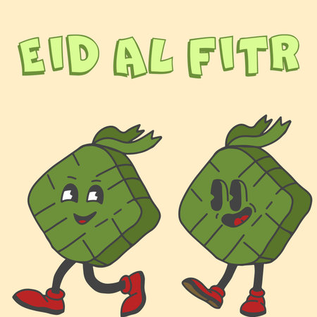 EID AL FITR WITH CHARACTER NAME IS KETUPAT IDUL FITRI VECTOR RETRO CHARACTERのイラスト素材