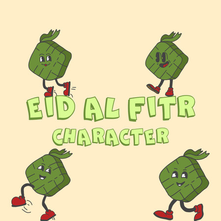 EID AL FITR WITH CHARACTER NAME IS KETUPAT IDUL FITRI VECTOR RETRO CHARACTERのイラスト素材