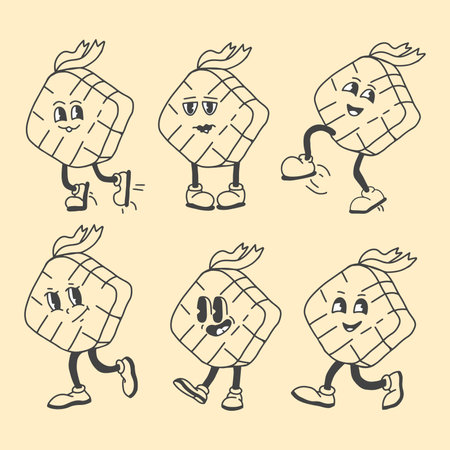 EID AL FITR WITH CHARACTER NAME IS KETUPAT IDUL FITRI VECTOR RETRO CHARACTERのイラスト素材