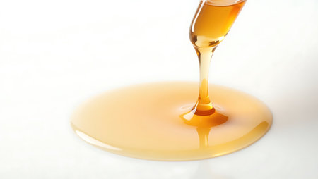 Honey dripping from a honey dipper on a white background.の素材