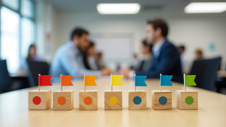 Wooden blocks with flags on the background of business people in the officeの素材