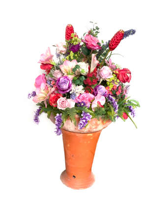 White, red and pink flowers in a vase isolated  on a white backgroundの写真素材