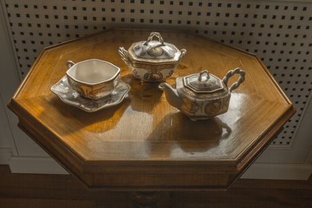 ceramic tea set on wooden tableの写真素材