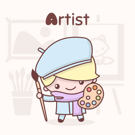 Cute chibi kawaii characters. Alphabet professions. Letter A - Artist. Flat styleのイラスト素材