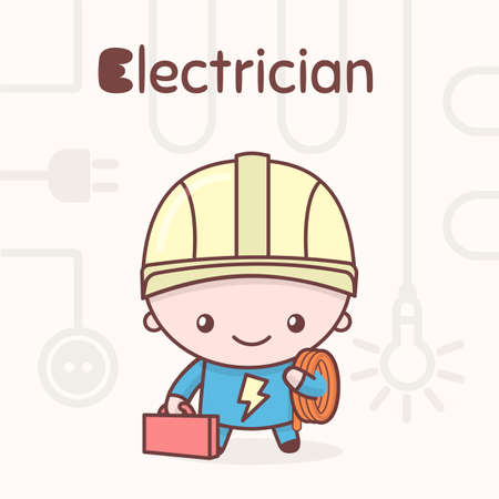 Cute chibi kawaii characters. Alphabet professions. Letter E - Electrician. Flat styleのイラスト素材