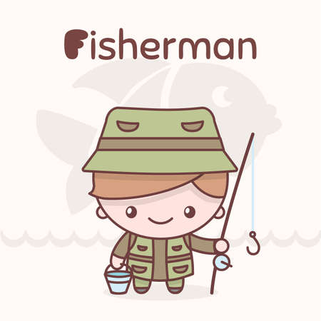 Cute chibi kawaii characters. Alphabet professions. Letter F - Fisherman. Flat styleのイラスト素材