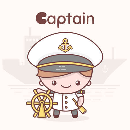 Cute chibi kawaii characters. Alphabet professions. Letter C - Captain. Flat styleのイラスト素材