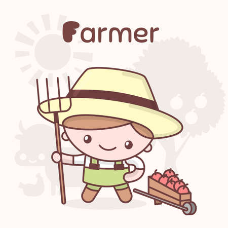 Cute chibi kawaii characters. Alphabet professions. Letter F - Farmer. Flat styleのイラスト素材