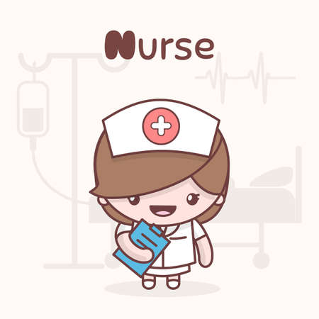 Cute chibi kawaii characters. Alphabet professions. Letter N - Nurse. Flat styleのイラスト素材
