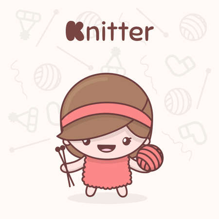 Cute chibi kawaii characters. Alphabet professions. Letter K - Knitter. Flat styleのイラスト素材