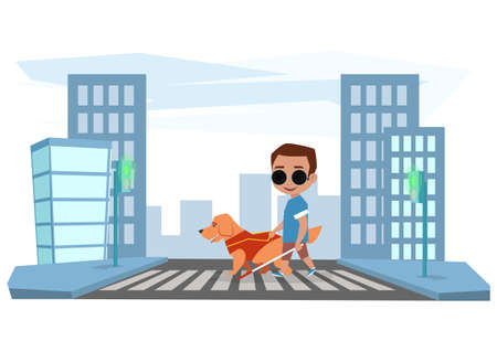 Blind boy crosses the road with a guide dogのイラスト素材