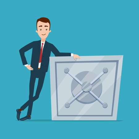 A businessman stands near the safe in a relaxed pose. The hand lies on the safeのイラスト素材