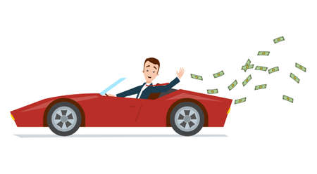 Businessman driving a red sports car and throwing money awayのイラスト素材