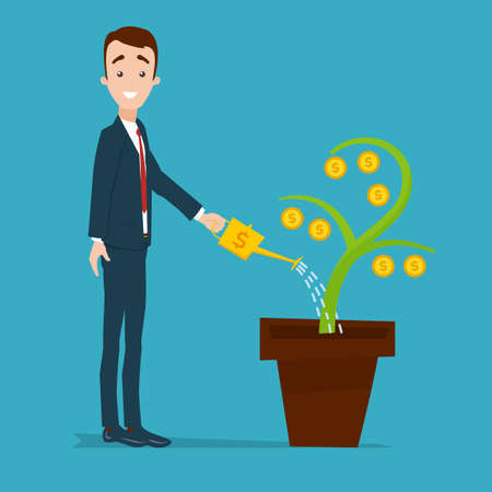 A businessman is standing and watering a money tree from a golden watering can. Plant with gold coinsのイラスト素材