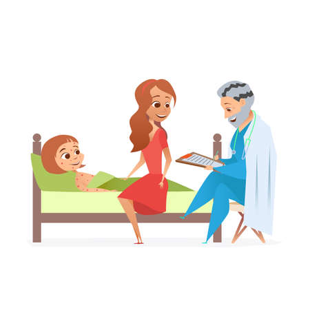 Mom sits on the bed next to her daughter illustrationのイラスト素材