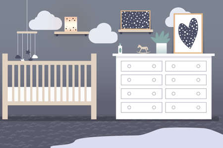 The interior of the children's bedroom in gray tones and light furnitureのイラスト素材
