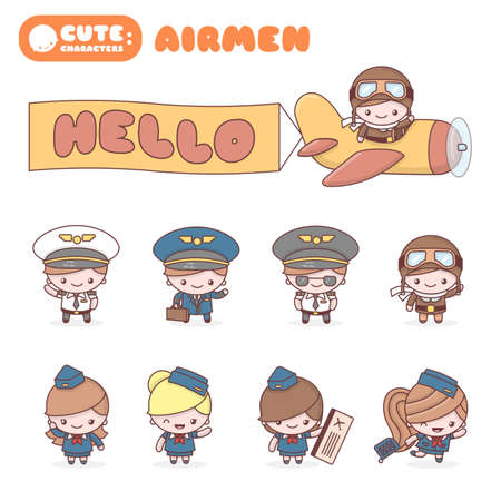 Cute chibi kawaii characters profession set: Airmen. Flat cartoon styleのイラスト素材