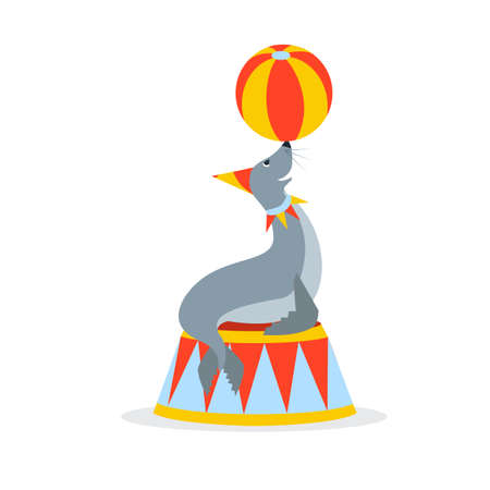 Circus sea seal standing on the podium and balancing with a big ball on the nose.のイラスト素材