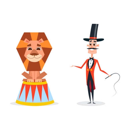 Circus trainer with a whip in a red suit. An animal tamer stands next to a smiling lion.のイラスト素材