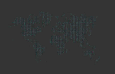 Hexadecimal computer code in the form of a silhouette of the world map. Blue symbols on dark gray...