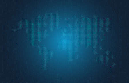 Hexadecimal computer code in the form of a silhouette of the world map. Blue symbols on dark background. Abstract background. Hacker attack. Generated computer code conceptのイラスト素材