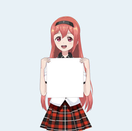 Japanese Asian woman holding white big sign board. Isolated portrait. Cartoon anime manga schoolgirl character. White paper mockupのイラスト素材
