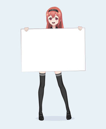 Japanese Asian woman holding white big sign board. Isolated full-length portrait. Cartoon anime manga schoolgirl character. White paper mockupのイラスト素材