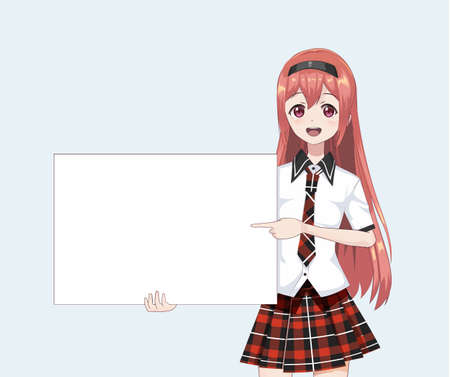 Japanese Asian woman holding white big sign board Points to the center Isolated portrait. Cartoon anime manga schoolgirl character. White paper mockupのイラスト素材