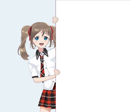 Japanese Asian woman looks out from behind the poster and smiling. Isolated portrait. Cartoon anime manga schoolgirl character. White paper mockupのイラスト素材