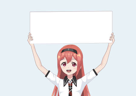 Japanese Asian woman holds in hands over head a white blank and smiling. Isolated portrait. Cartoon anime manga schoolgirl character. White paper mockupのイラスト素材