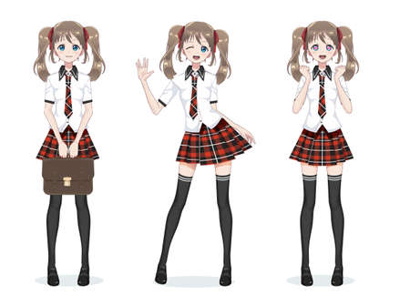 Beautiful anime manga schoolgirl. Plaid red skirt and tie pattern of tartans. Black long stockings, school bag in shirt. Full body in different poses. Cartoon character in Japanese styleのイラスト素材