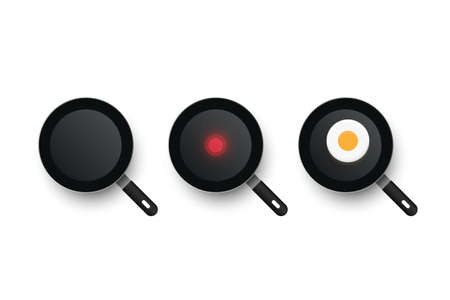 Three realistic vector pans. The process of cooking fried eggs. Cold and hot frying pan.のイラスト素材