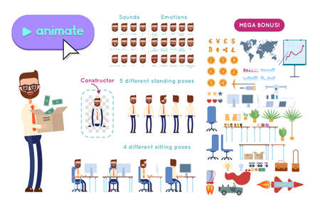 Big set for animating business advertising. Bearded businessman in a shirt is holding a box of money.のイラスト素材