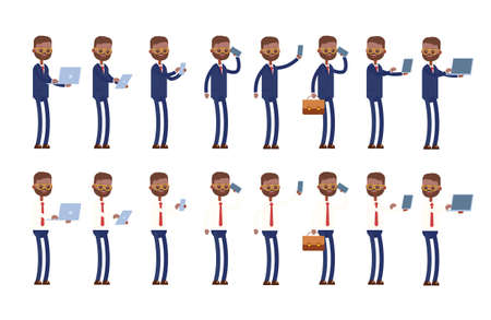 holds a laptop, tablet, phone. does selfie, shows the laptop screen. indian businessman. cartoon character setのイラスト素材