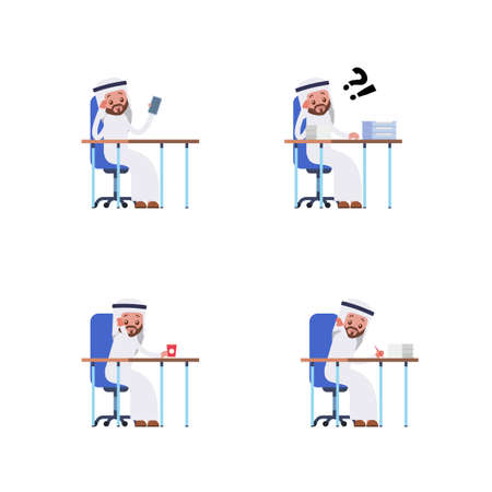 sits sad, thoughtful. phone does not ring, a lot of paperwork. Arab saudi businessman. cartoon character setのイラスト素材