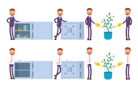 Stands at the open safe full of money, the safe is closed. watering a money tree, leaves-dollars. businessman. cartoon character setのイラスト素材