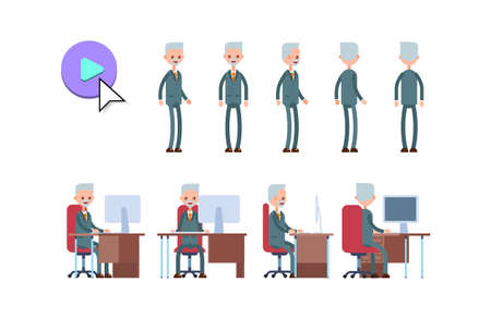 Elderly businessman cartoon character animation kit poses while standing and sitting.のイラスト素材
