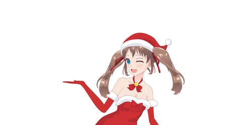 Anime manga girl dressed in Santa Claus costume showing product empty copy space on open hand palm. Portrait of beautiful Japanese Asian woman holding hands and copy spaceのイラスト素材