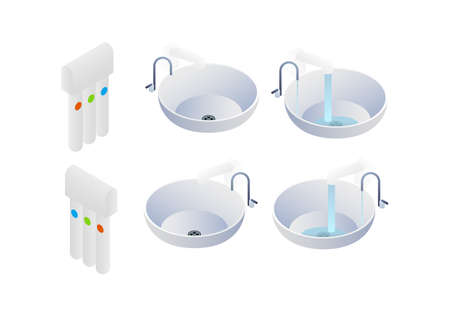 Water filter, sink with closed tap. Water flows from the tap drinking water in isometryのイラスト素材