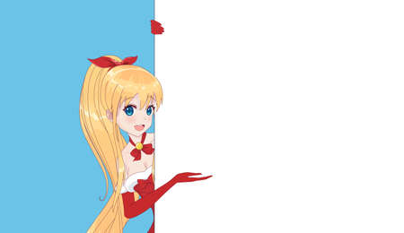 Japanese Asian woman looks out from behind the poster and smiling. Isolated portrait. Cartoon anime...