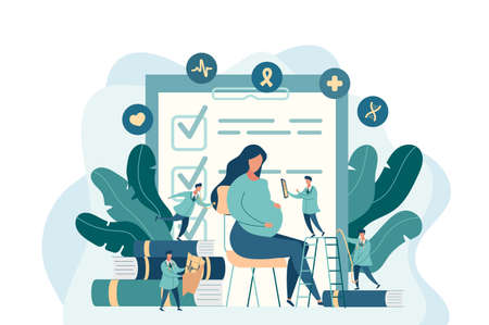 Expectant mother, pregnant woman at the doctor's office. little doctors examine a pregnant girl. vector illustration in modern styleのイラスト素材
