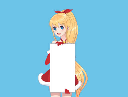 Japanese Asian woman holding white big sign board. Isolated portrait. Cartoon anime manga schoolgirl character. White paper mockupのイラスト素材