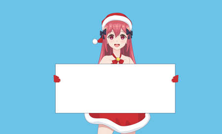 Japanese Asian woman holding white big sign board. Isolated portrait. Cartoon anime manga schoolgirl character. White paper mockupのイラスト素材