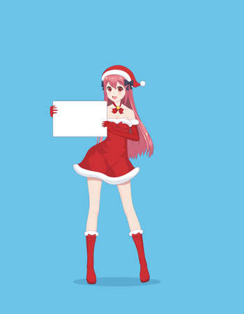 Japanese Asian woman holding white big sign board. Isolated portrait. Cartoon anime manga schoolgirl character. White paper mockupのイラスト素材