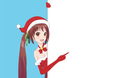 Japanese Asian woman looks out from behind the poster and smiling. Isolated portrait. Cartoon anime manga schoolgirl character. White paper mockupのイラスト素材