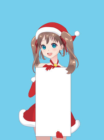 Japanese Asian woman holding white big sign board. Isolated portrait. Cartoon anime manga schoolgirl character. White paper mockupのイラスト素材