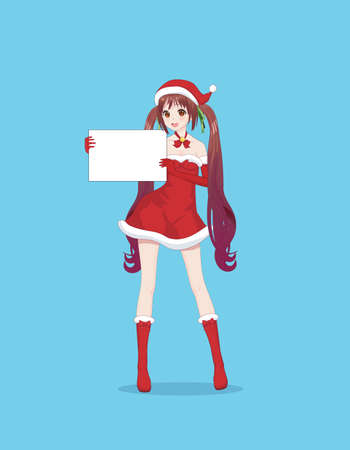 Japanese Asian woman holding white big sign board. Isolated portrait. Cartoon anime manga schoolgirl character. White paper mockupのイラスト素材