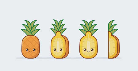 Pineapple cute kawaii mascot. Set of funny kawai drawn fruit in the cutのイラスト素材