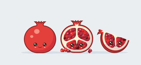Garnet cute kawaii mascot. Set of funny kawaii drawn fruit in the cutのイラスト素材