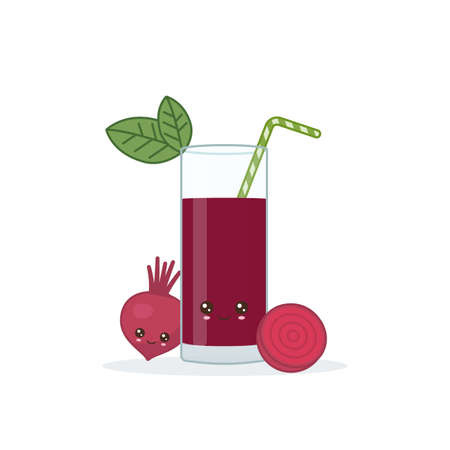 beet juice. Cute kawai smiling cartoon juice with slices in a glass with juice straw.のイラスト素材